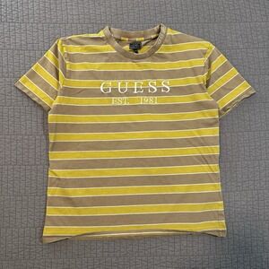 Y2K Guess T Shirt‎ Men's Medium Brown Gold Striped Streetwear Preppy Embroidered